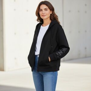 DKNY Sport Jacket Womens Size 2X Black Fleece Full Zip Tonal Logo Sleeve New